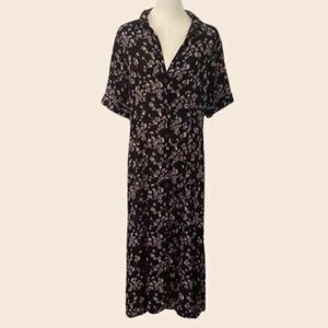 Noa Noa Navy & Lilac Floral Buttonfront Midi Shirt Dress Size 40